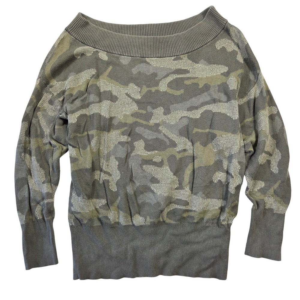 Express Camouflage Boat Neck Sweater Olive Green Camo Banded Hem Womens Small